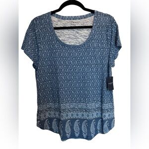 NWT Lucky Brand Blue Paisley Boho Scoop-Neck Short Sleeve Top L
